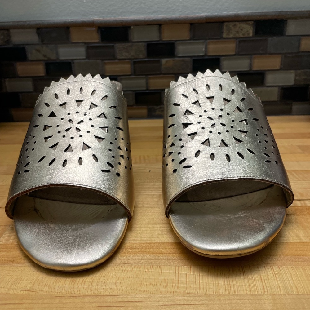 Leather Gold Perforated Slide Sandals/low heel